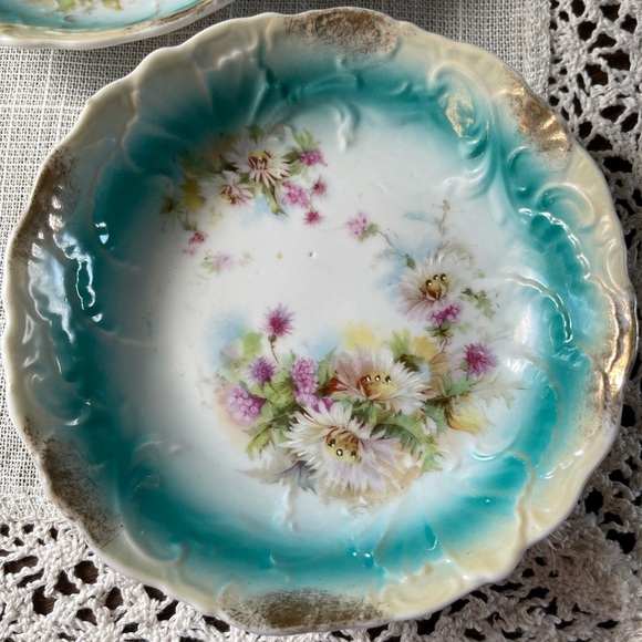 Antique Bavaria Style Floral Plates Aqua Gold Rim Set of 2 Victorian Porcelain - Picture 5 of 9